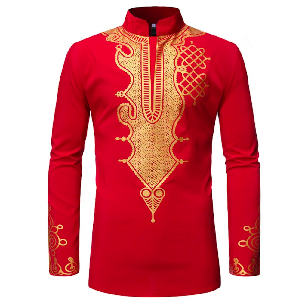 Chemise Africaine Rouge Col Mao Royaume d'Afrique