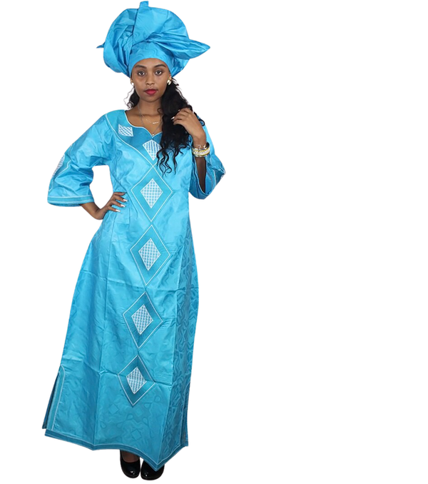 Boubou Bleu clair Femme Africaine Avec Turban