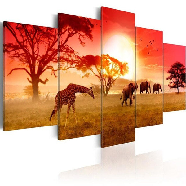 Tableau éléphant girafe en 5 pièces